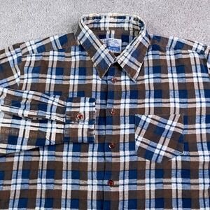Vintage Sears Shirt Mens XL Brown Blue Plaid Flannel Work Leisure Button Up 80s